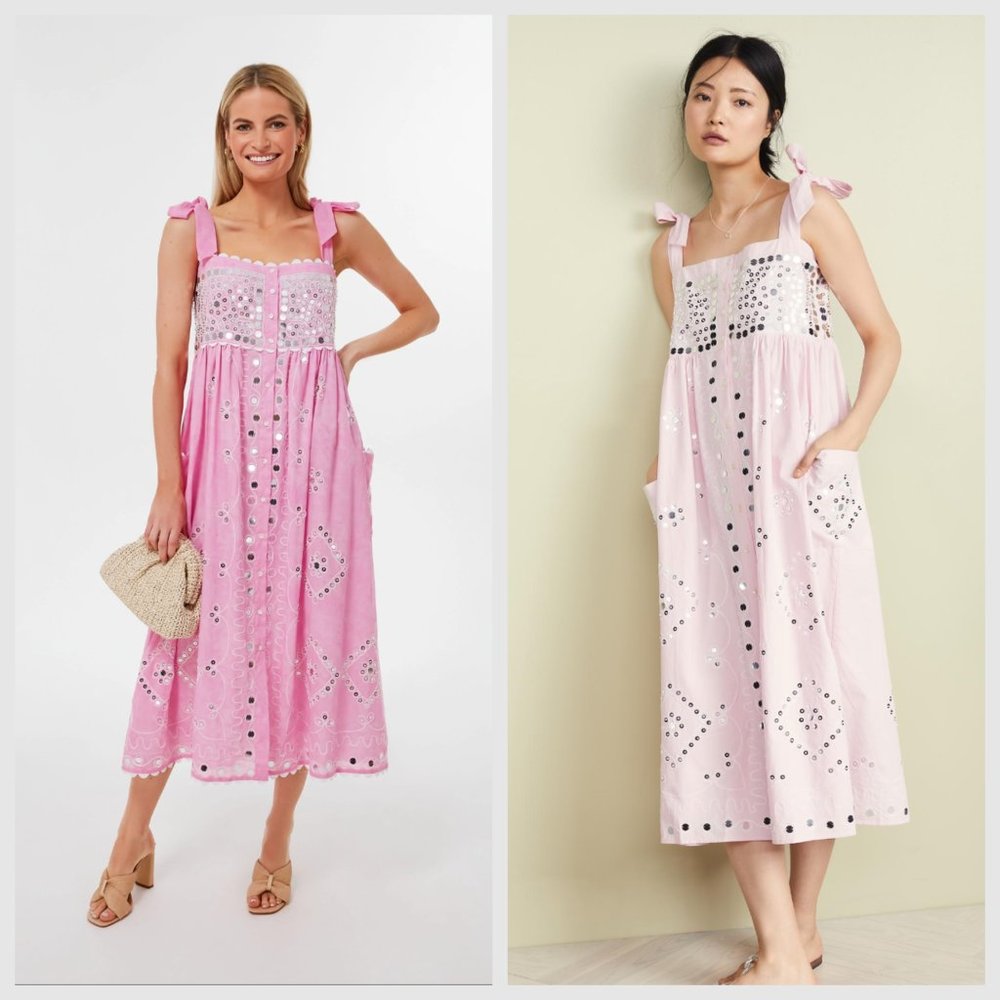 Juliet Dunn Block Print Paillette Embroidered Sequin Pink Tie‎ Dress Size 6-8